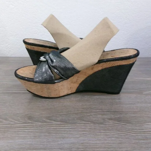 Near New GUESS Balasi Shimmery Black Silver Rhinestone Wedge Platform Shoes 9.5 - Picture 4 of 16